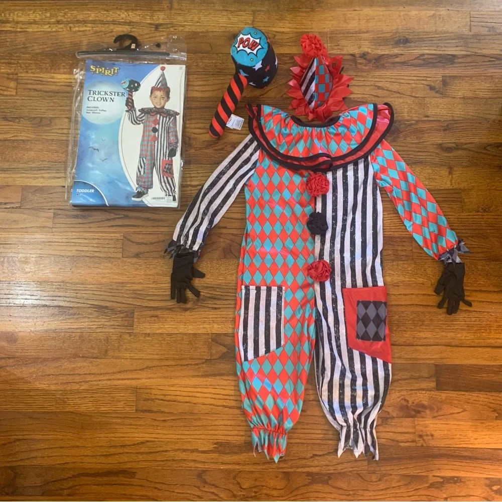 Spirit Halloween Trickster Clown Costume Includes: Jumpsuit Collar Hat Gloves &
